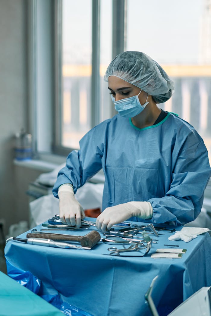 About A female surgeon wearing protective gear arranges surgical instruments in a hospital operating room.